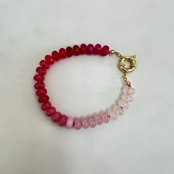 Hand Crafted Jewelry - Ombre Pink Jade Gemstone Beaded Hand Knotted Bracelet Gold Filled Clasp
